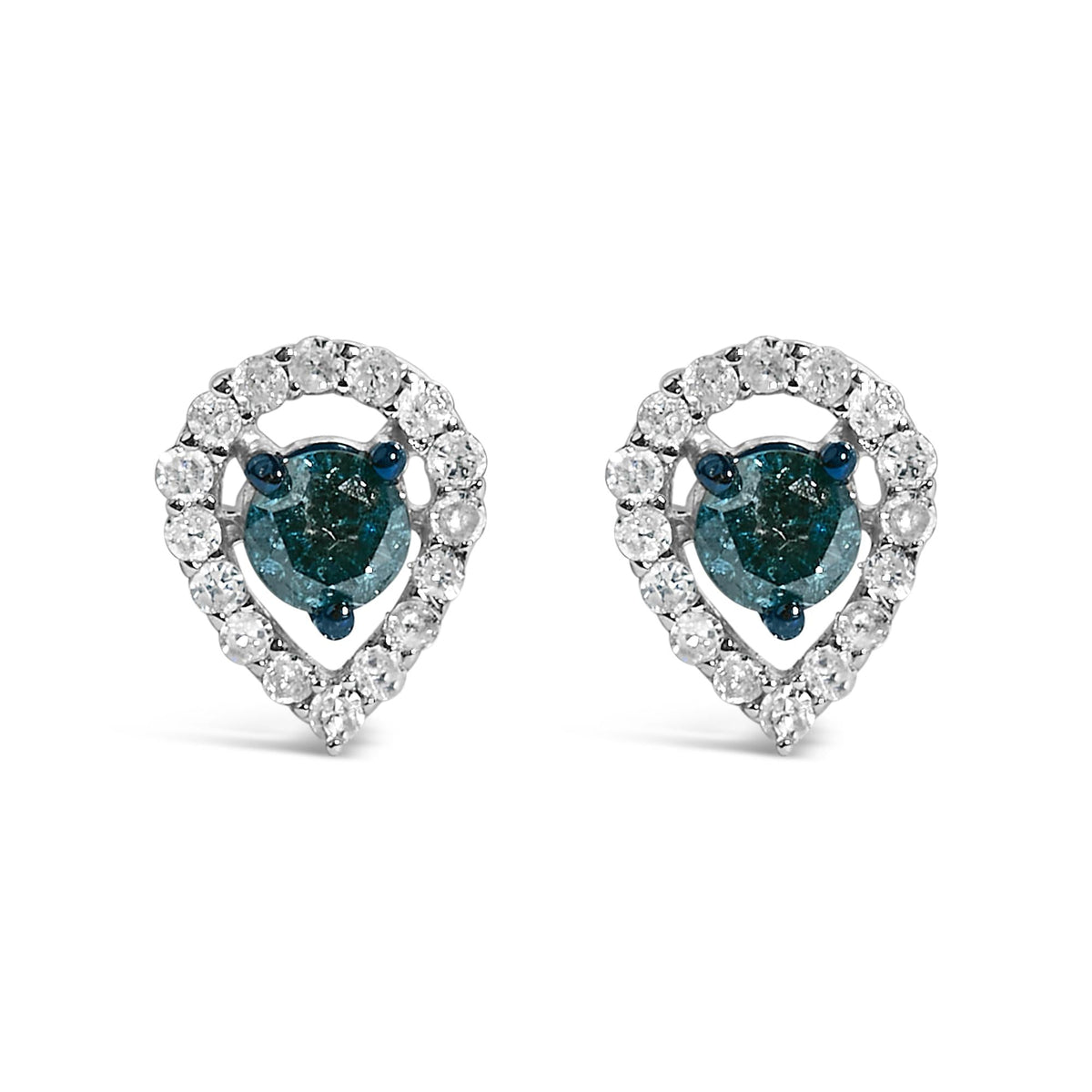 Sterling Silver 1/2 Cttw Blue and White Diamond Pear Shape Halo Stud Earrings