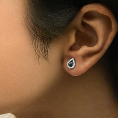 Sterling Silver 1/2 Cttw Blue and White Diamond Pear Shape Halo Stud Earrings