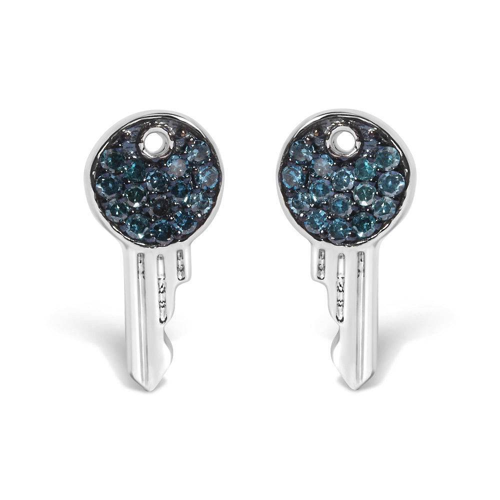 Sterling Silver 1/6 Cttw Blue Diamond Key Motif Stud Earrings