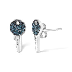 Sterling Silver 1/6 Cttw Blue Diamond Key Motif Stud Earrings