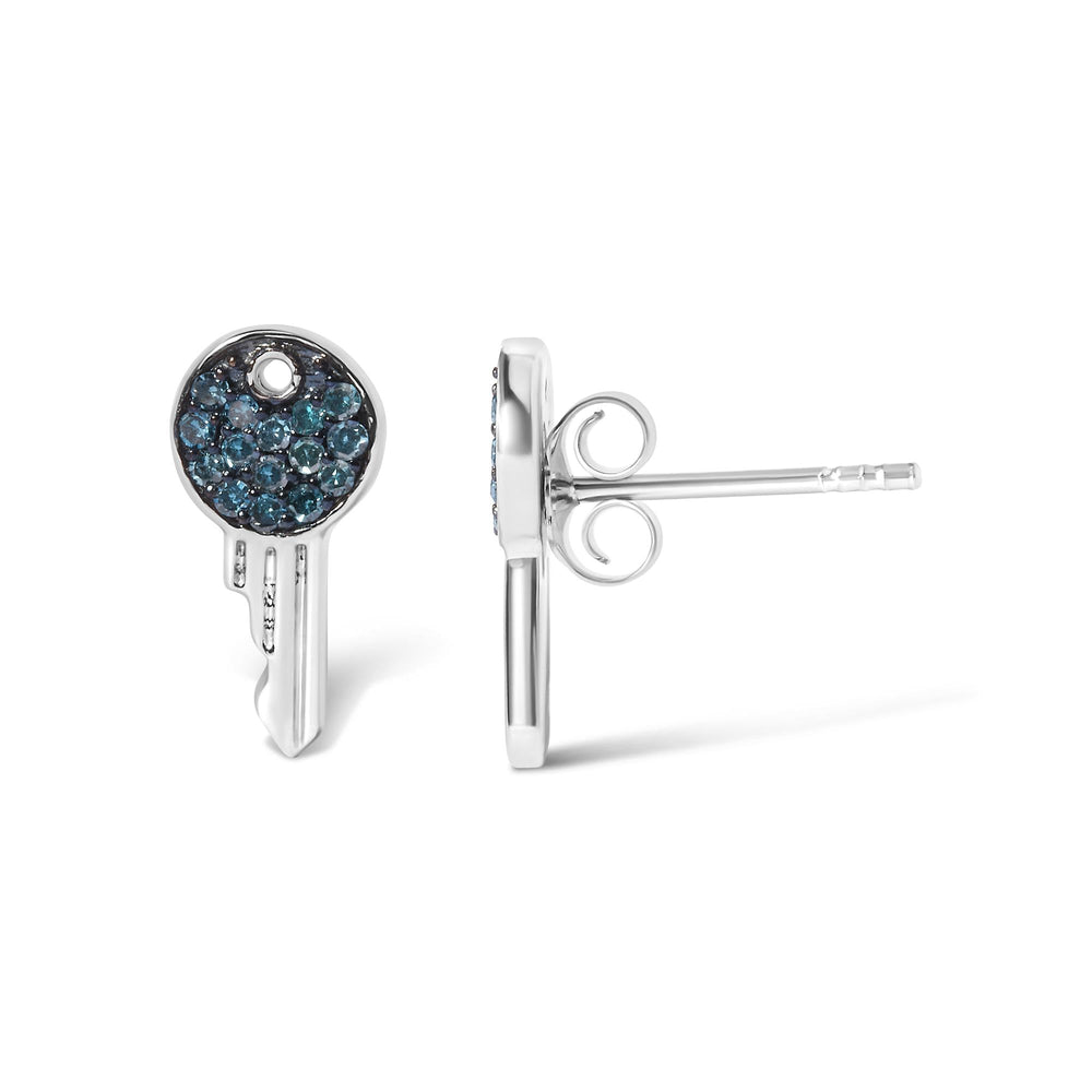 Sterling Silver 1/6 Cttw Blue Diamond Key Motif Stud Earrings