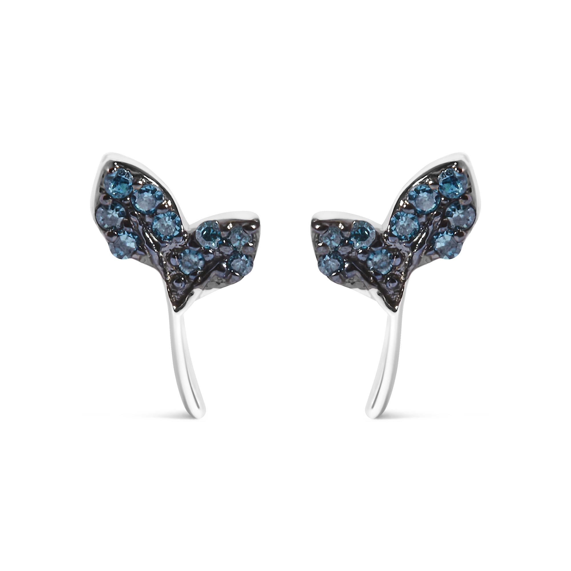 Sterling Silver Blue Treated Diamond Accent Leaf Stud Earrings