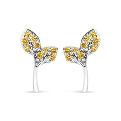 925 Sterling Silver 1/16ct TDW  Yellow Treated Diamond Leaf Earrings