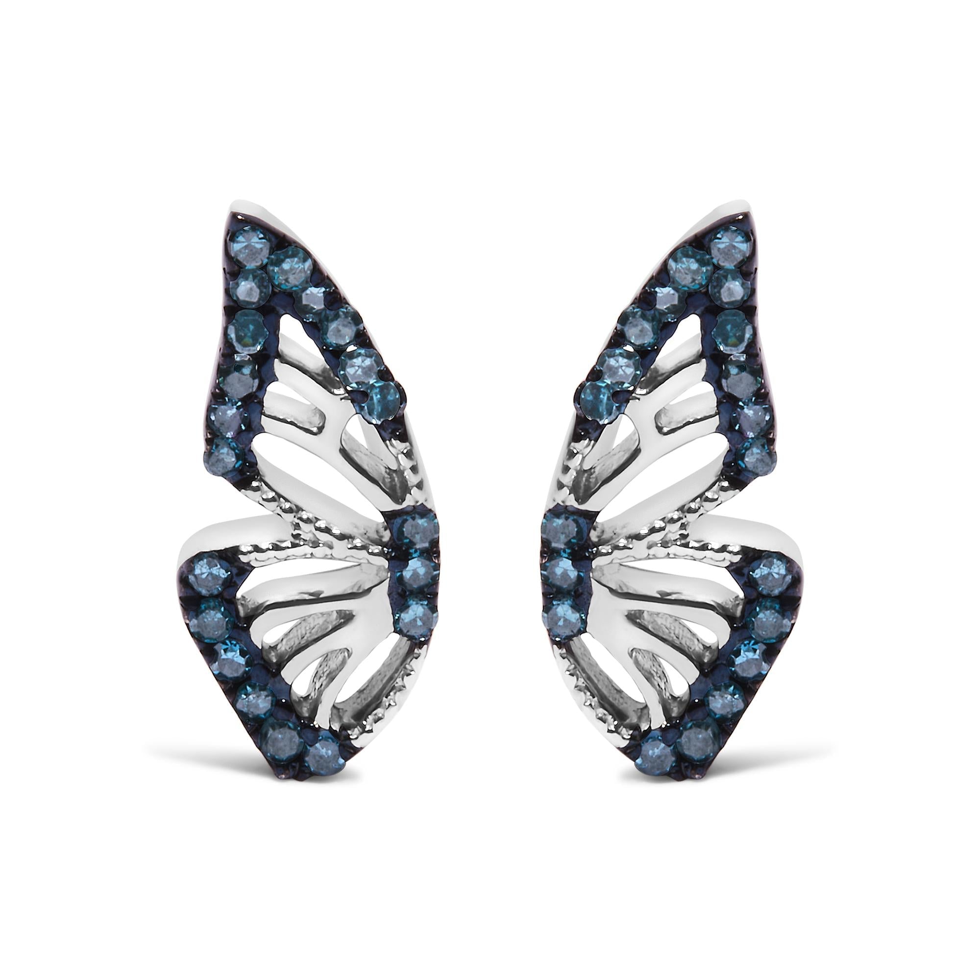 Sterling Silver 1/6 Cttw Blue Treated Diamond Butterfly Stud Earrings