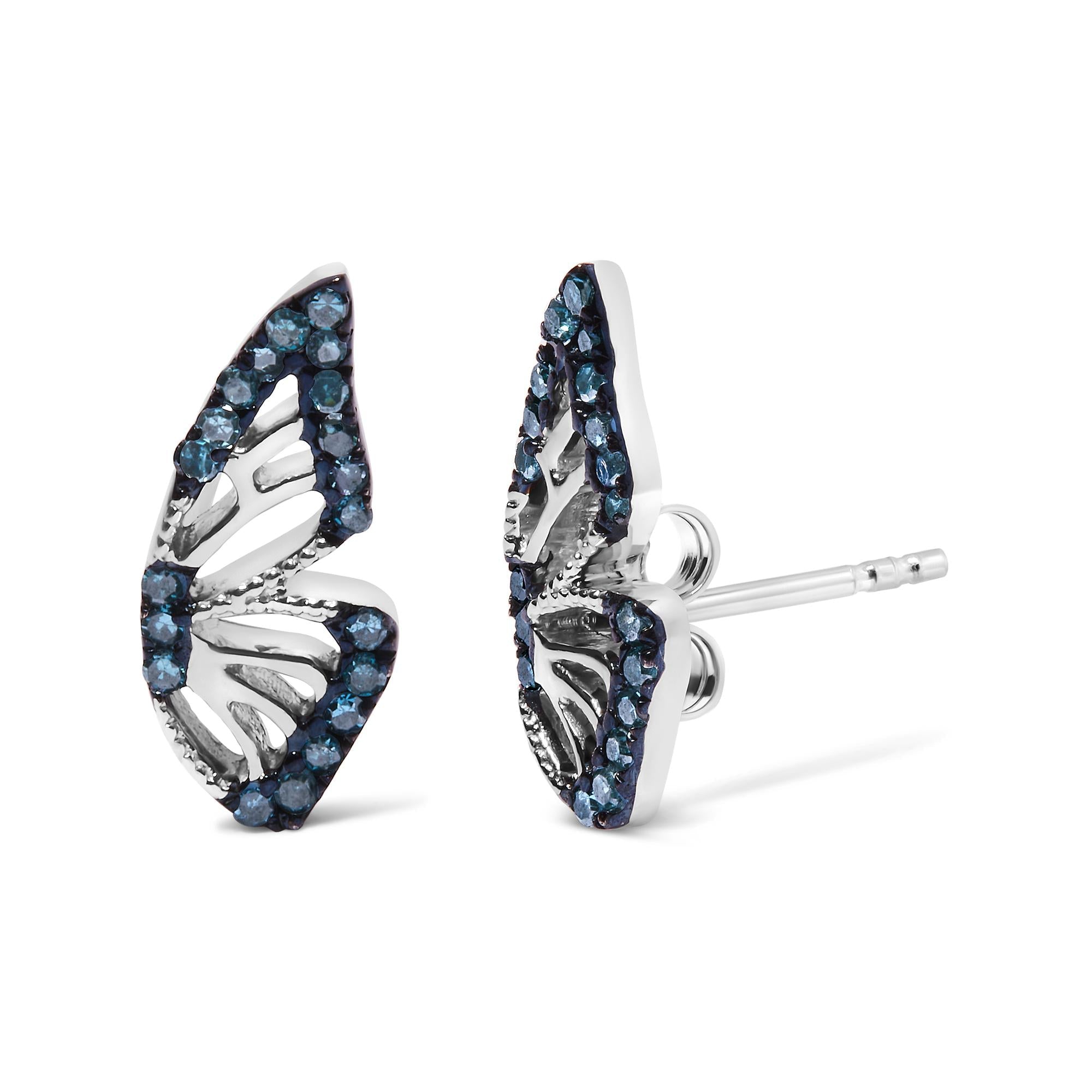 Sterling Silver 1/6 Cttw Blue Treated Diamond Butterfly Stud Earrings