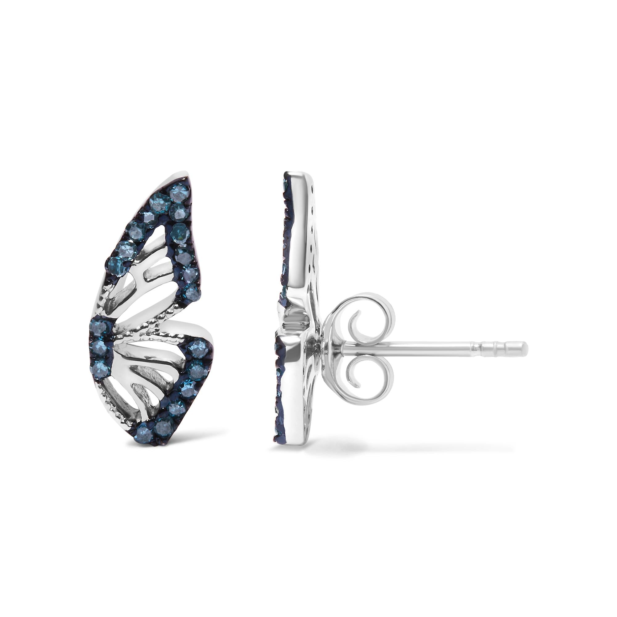 Sterling Silver 1/6 Cttw Blue Treated Diamond Butterfly Stud Earrings