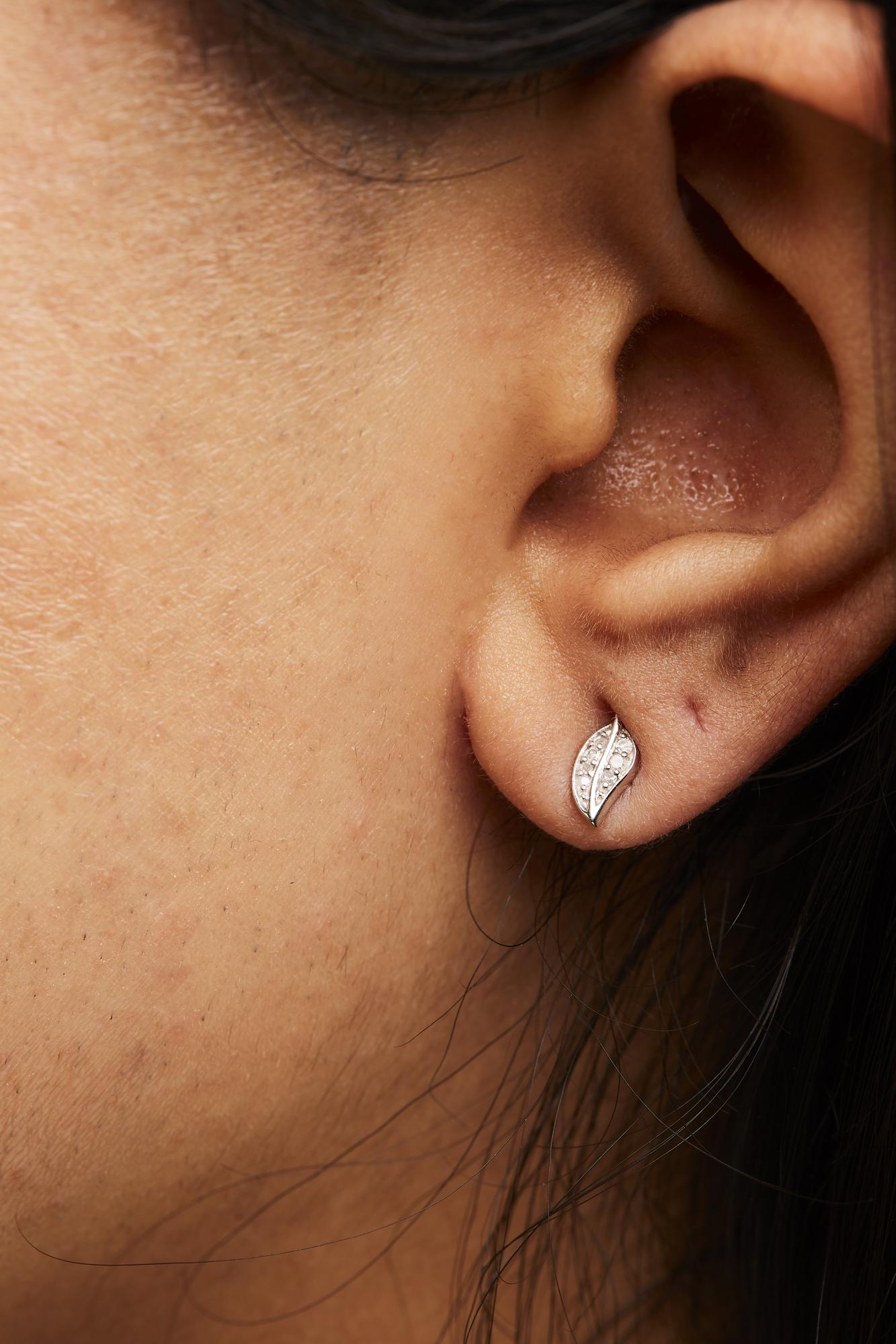 .925 Sterling Silver Diamond Accent Leaf Stud Earrings