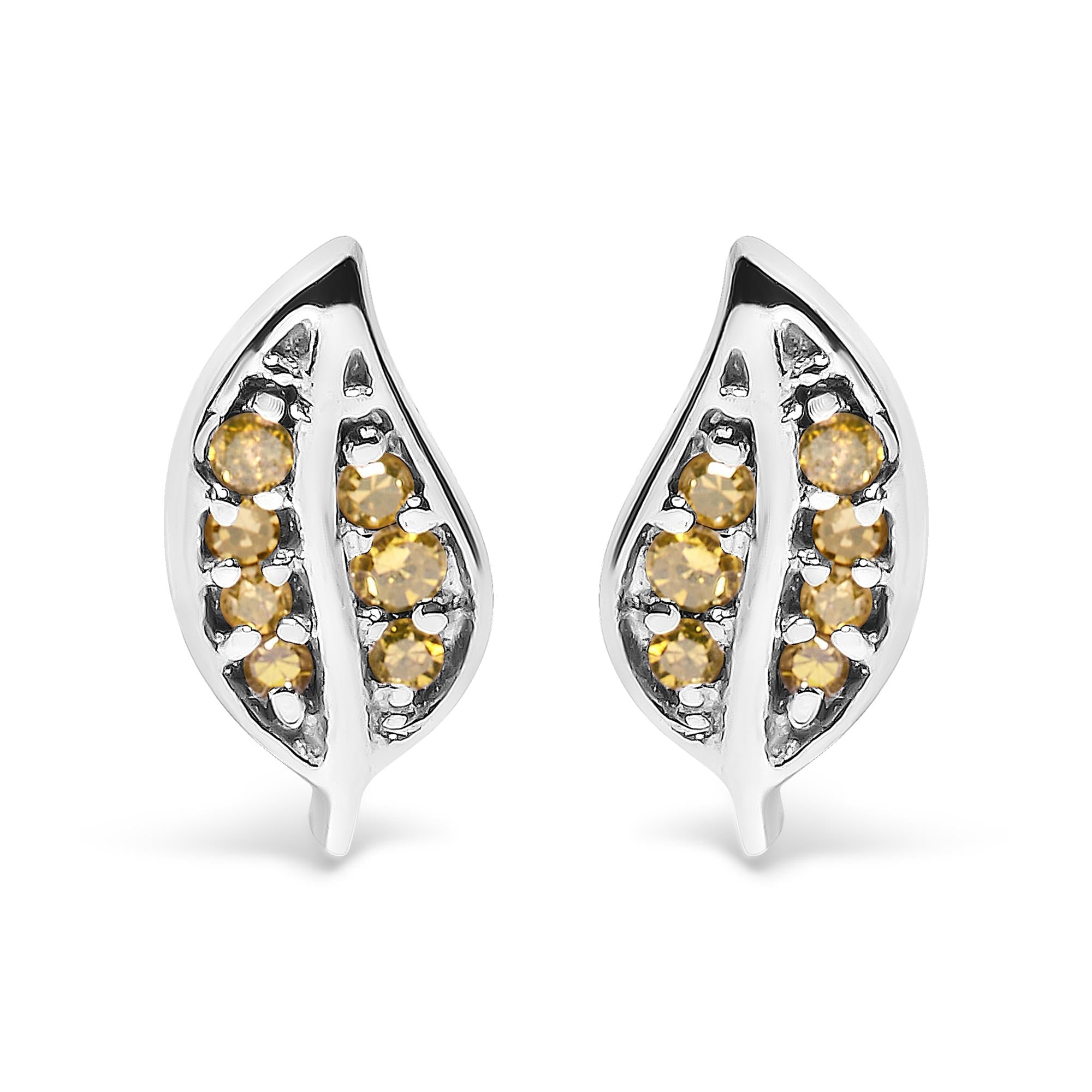 .925 Sterling Silver Yellow Diamond Accent Leaf Stud Earrings