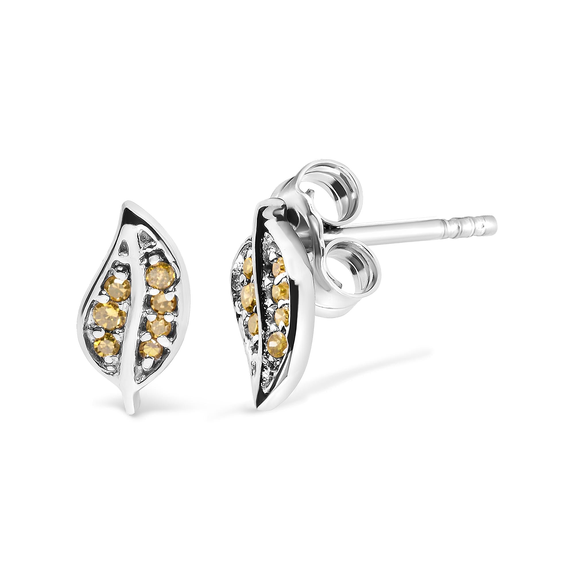 .925 Sterling Silver Yellow Diamond Accent Leaf Stud Earrings