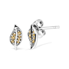 .925 Sterling Silver Yellow Diamond Accent Leaf Stud Earrings