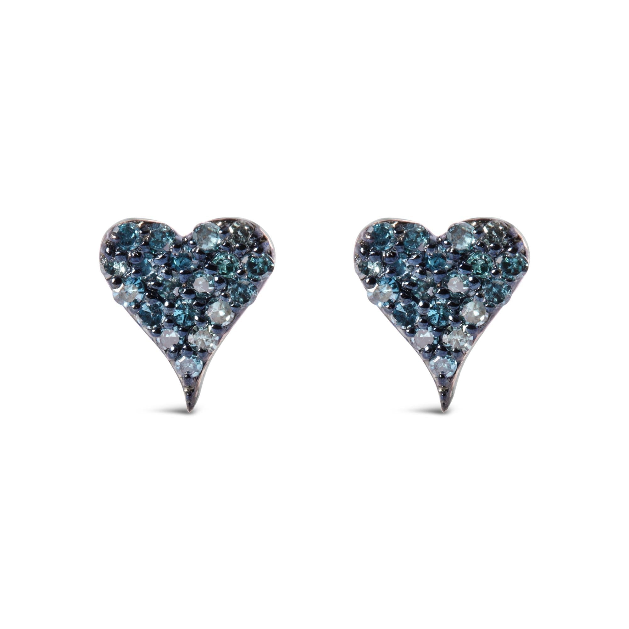 925 Sterling Silver 1/10 Cttw Blue Diamond Heart Shaped Stud Earrings (Blue Color, I3 Clarity)