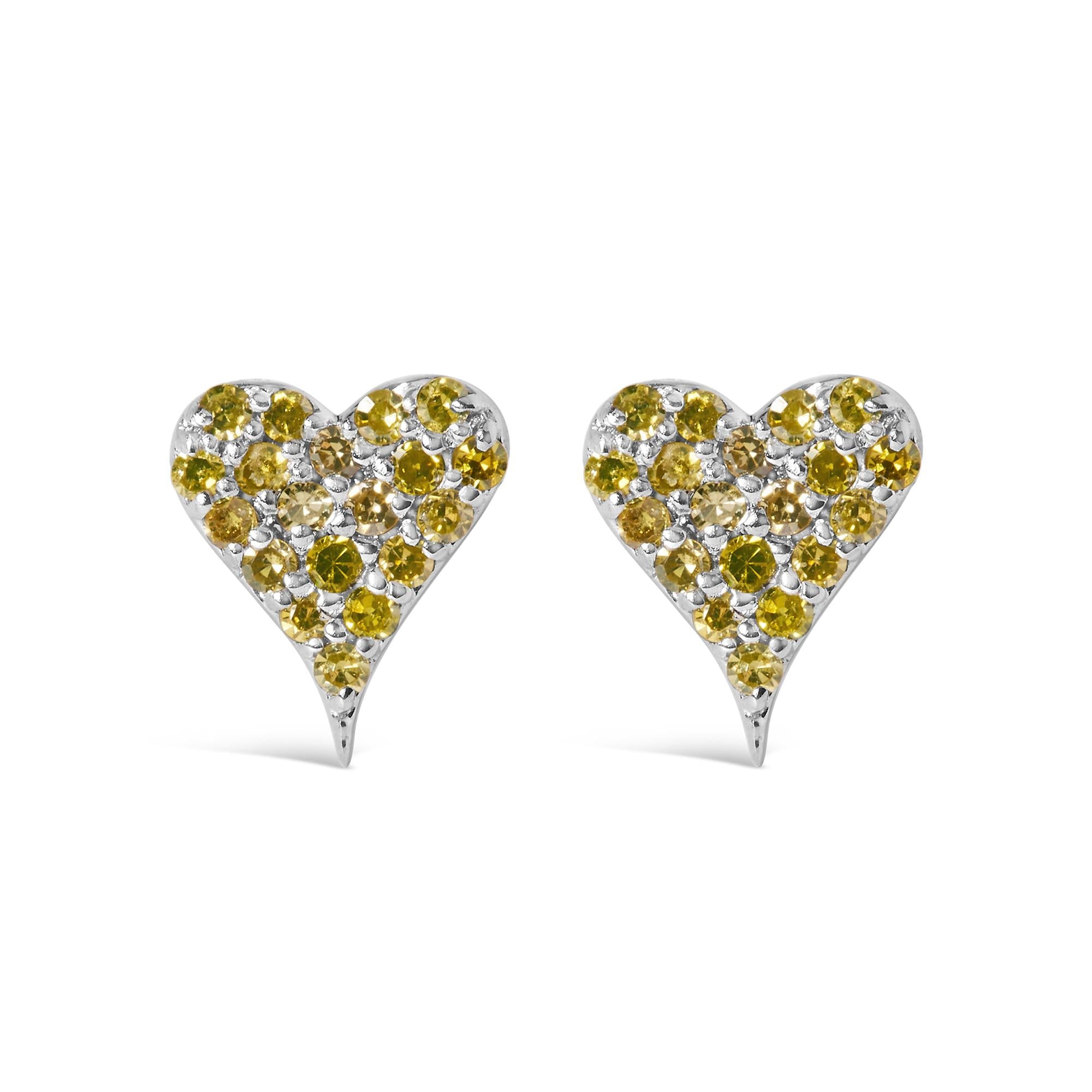 925 Sterling Silver 1/10 Cttw Yellow Diamond Heart Shaped Stud Earrings (Yellow Color, I3 Clarity)
