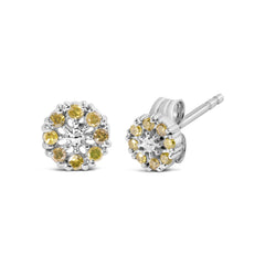 925 Sterling Silver 1/10 Cttw Yellow Diamond Floral Cluster Stud Earrings (Yellow Color, I3 Clarity)