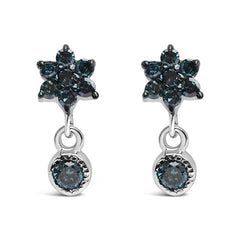 .925 Sterling Silver 1/10 Cttw Blue Diamond Star Stud with Bezel Drop Dangle Earrings (Blue Color, I2-I3 Clarity)