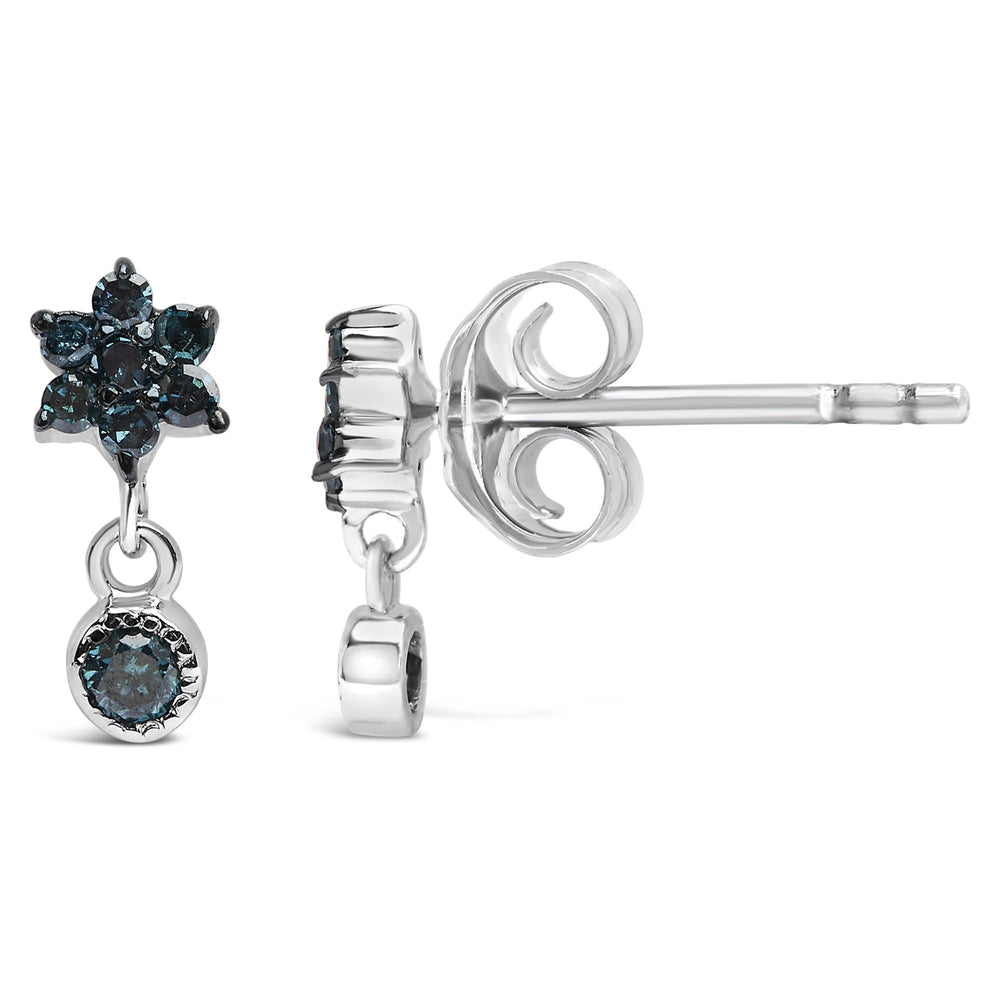 .925 Sterling Silver 1/10 Cttw Blue Diamond Star Stud with Bezel Drop Dangle Earrings (Blue Color, I2-I3 Clarity)