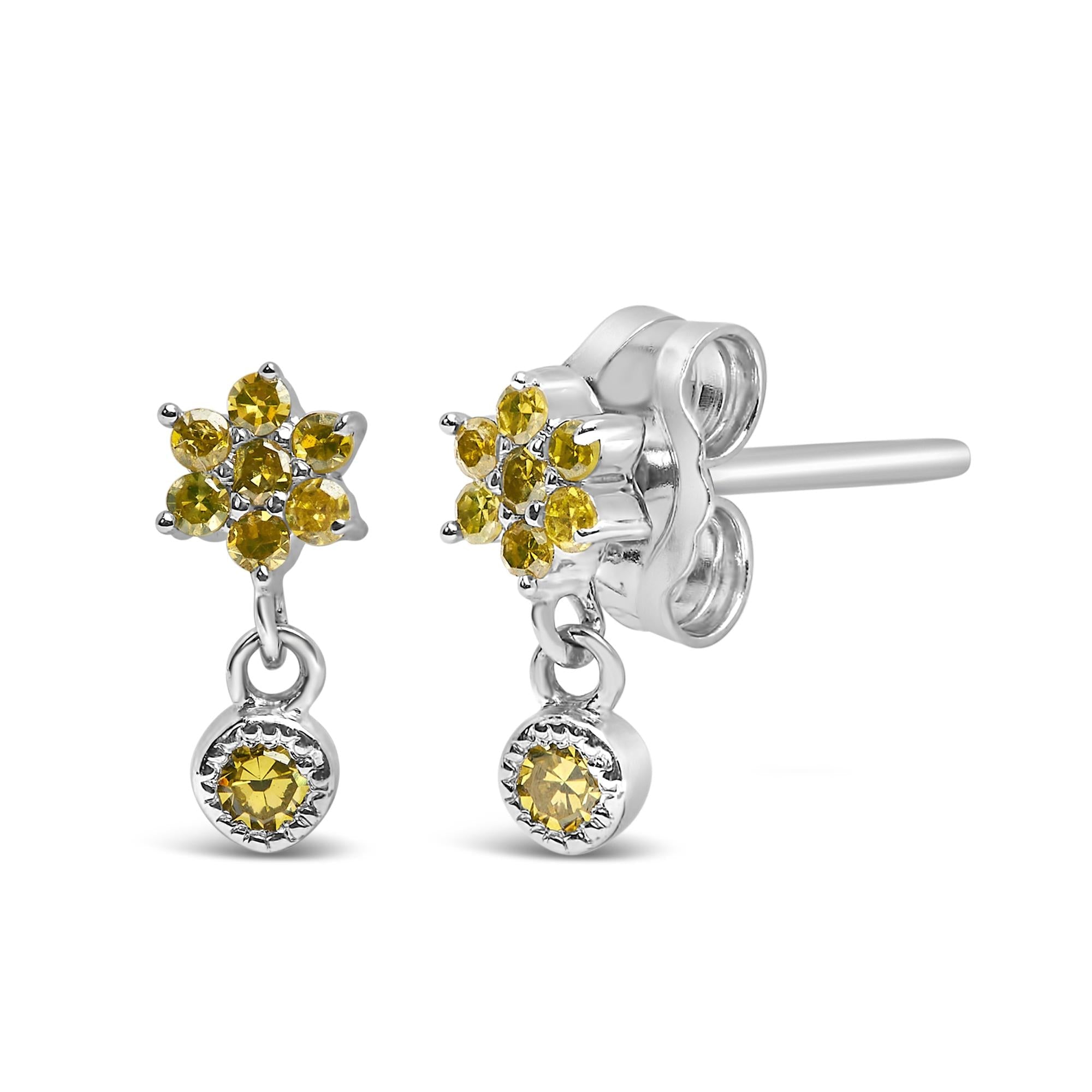 .925 Sterling Silver 1/10 Cttw Yellow Diamond Star Stud with Bezel Drop Dangle Earrings (Yellow Color, I2-I3 Clarity)
