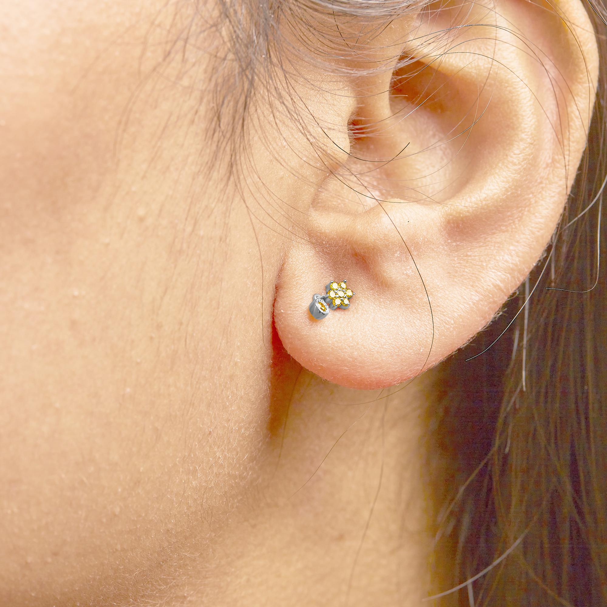 .925 Sterling Silver 1/10 Cttw Yellow Diamond Star Stud with Bezel Drop Dangle Earrings (Yellow Color, I2-I3 Clarity)