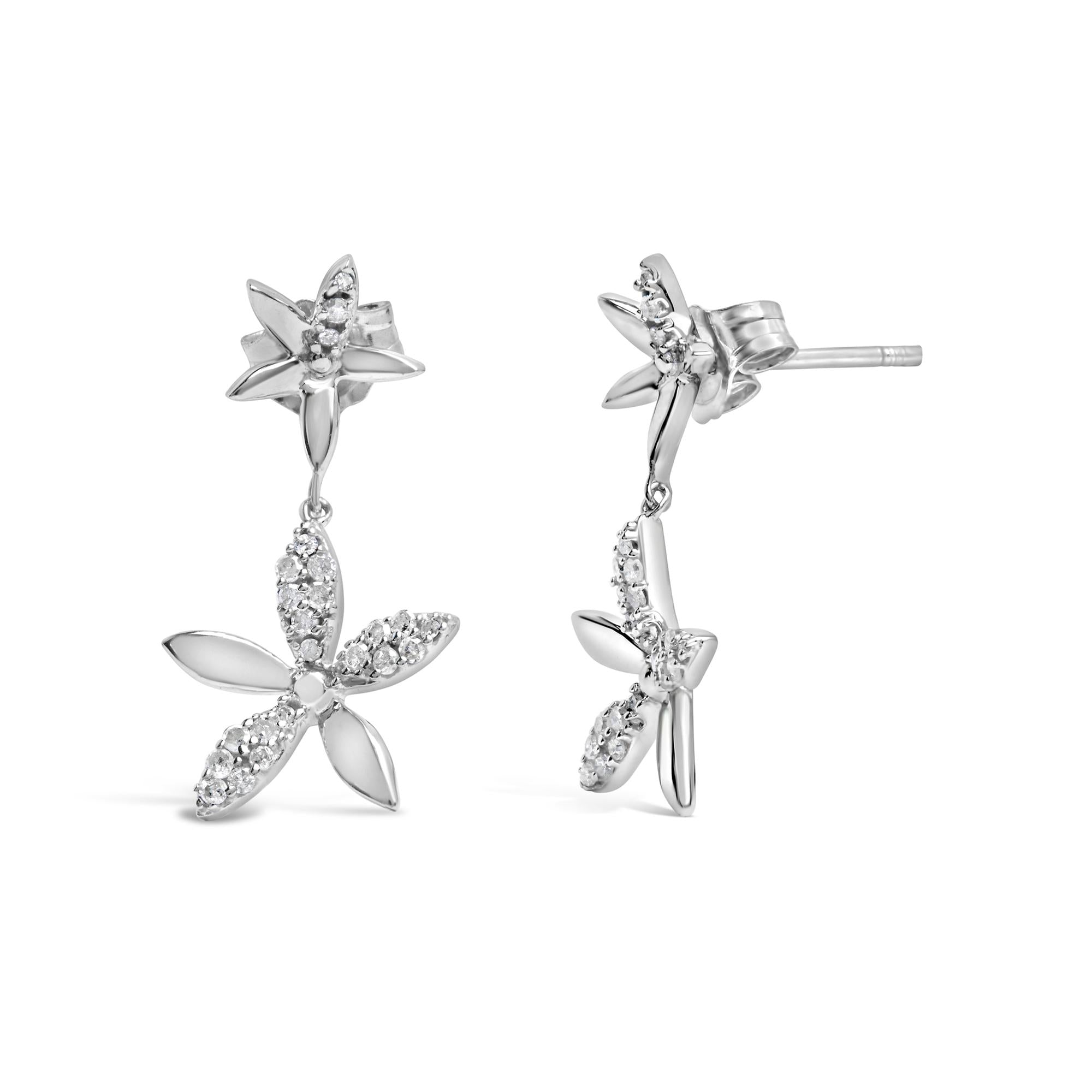 Sterling Silver 1/5 Cttw Diamond Double Star Dangle Earrings