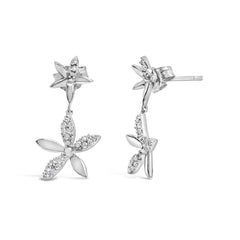 Sterling Silver 1/5 Cttw Diamond Double Star Dangle Earrings