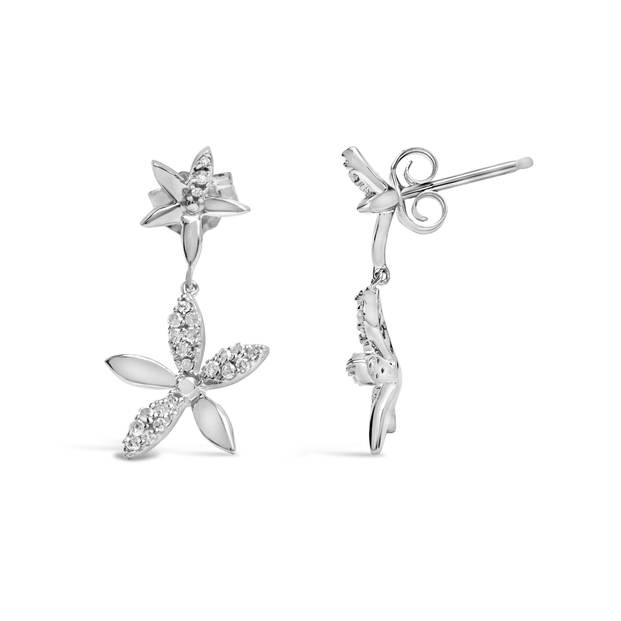 Sterling Silver 1/5 Cttw Diamond Double Star Dangle Earrings