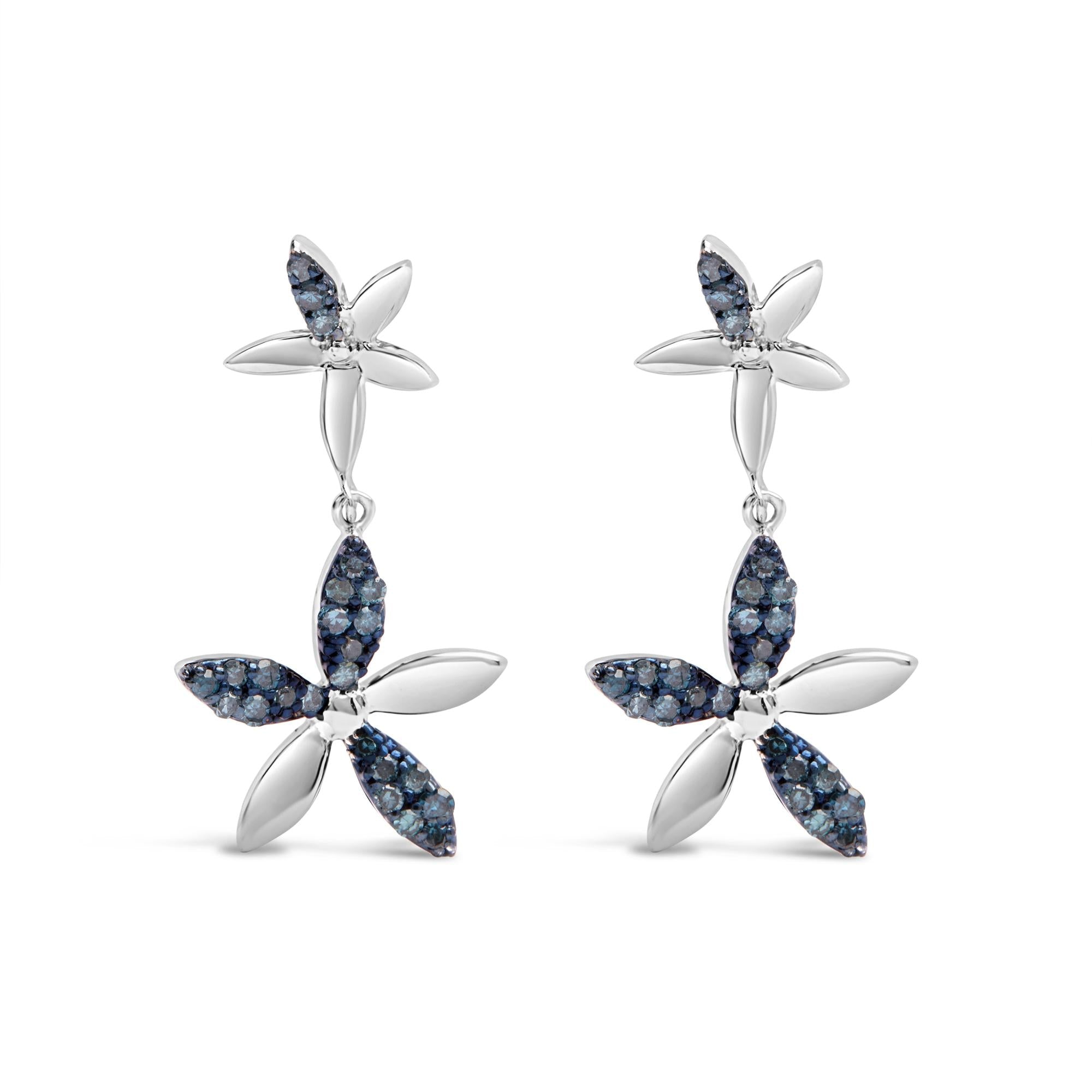 .925 Sterling Silver 1/5ct Cttw Blue Diamond Double Star Drop and Dangle Earrings (Blue Color, SI1-SI2 Clarity)