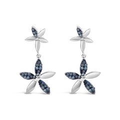 .925 Sterling Silver 1/5ct Cttw Blue Diamond Double Star Drop and Dangle Earrings (Blue Color, SI1-SI2 Clarity)