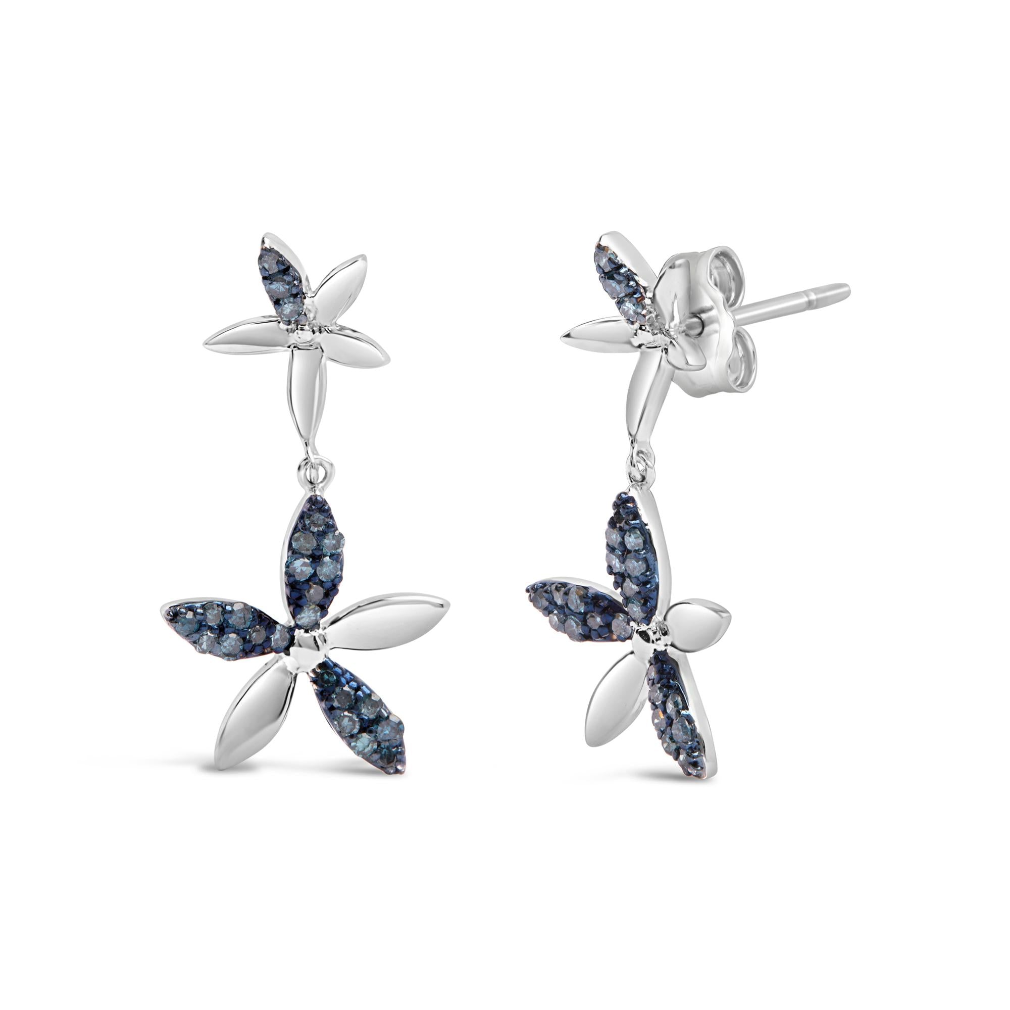 .925 Sterling Silver 1/5ct Cttw Blue Diamond Double Star Drop and Dangle Earrings (Blue Color, SI1-SI2 Clarity)