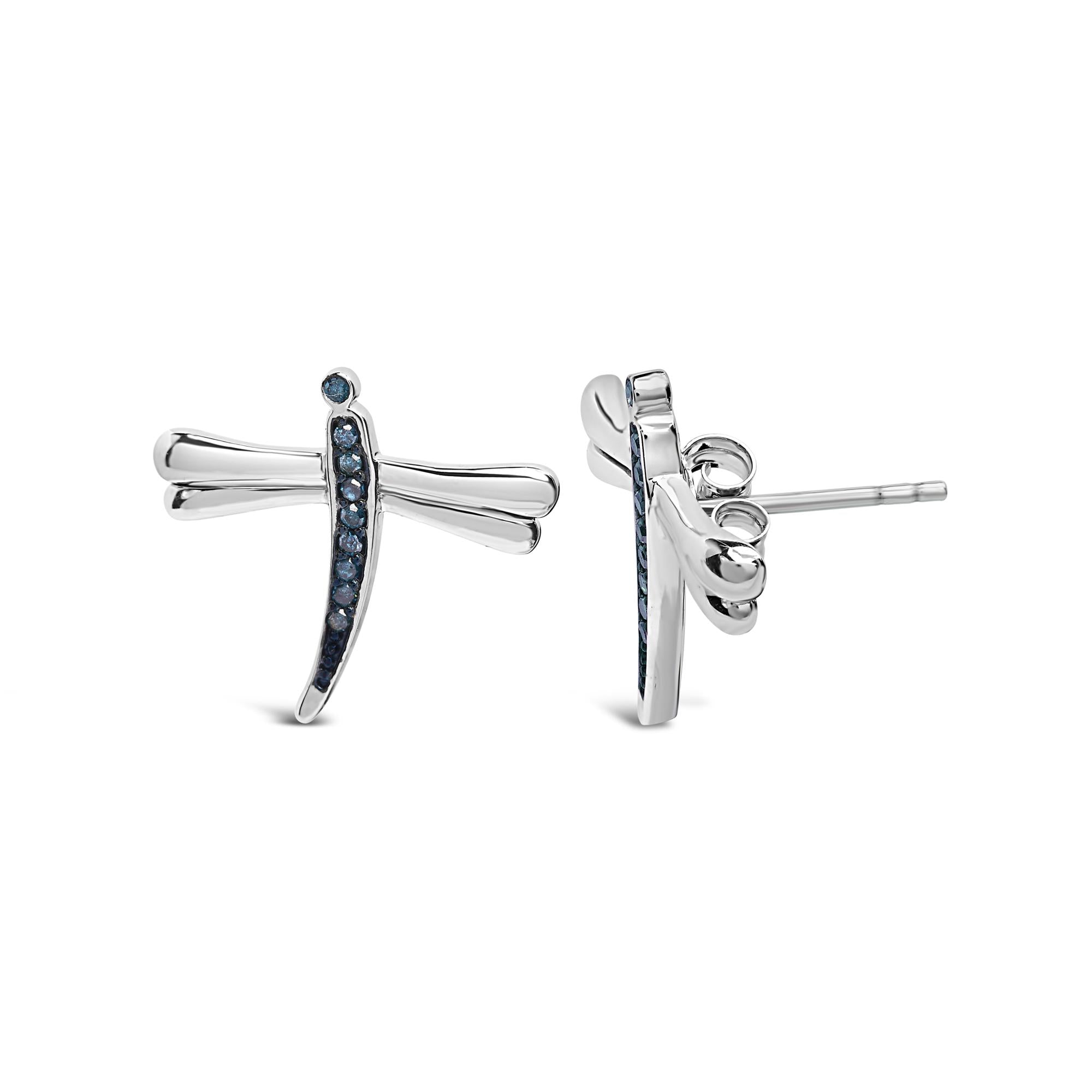 .925 Sterling Silver Blue Diamond Accent Dragonfly Stud Earrings (Blue Color, I2-I3 Clarity)