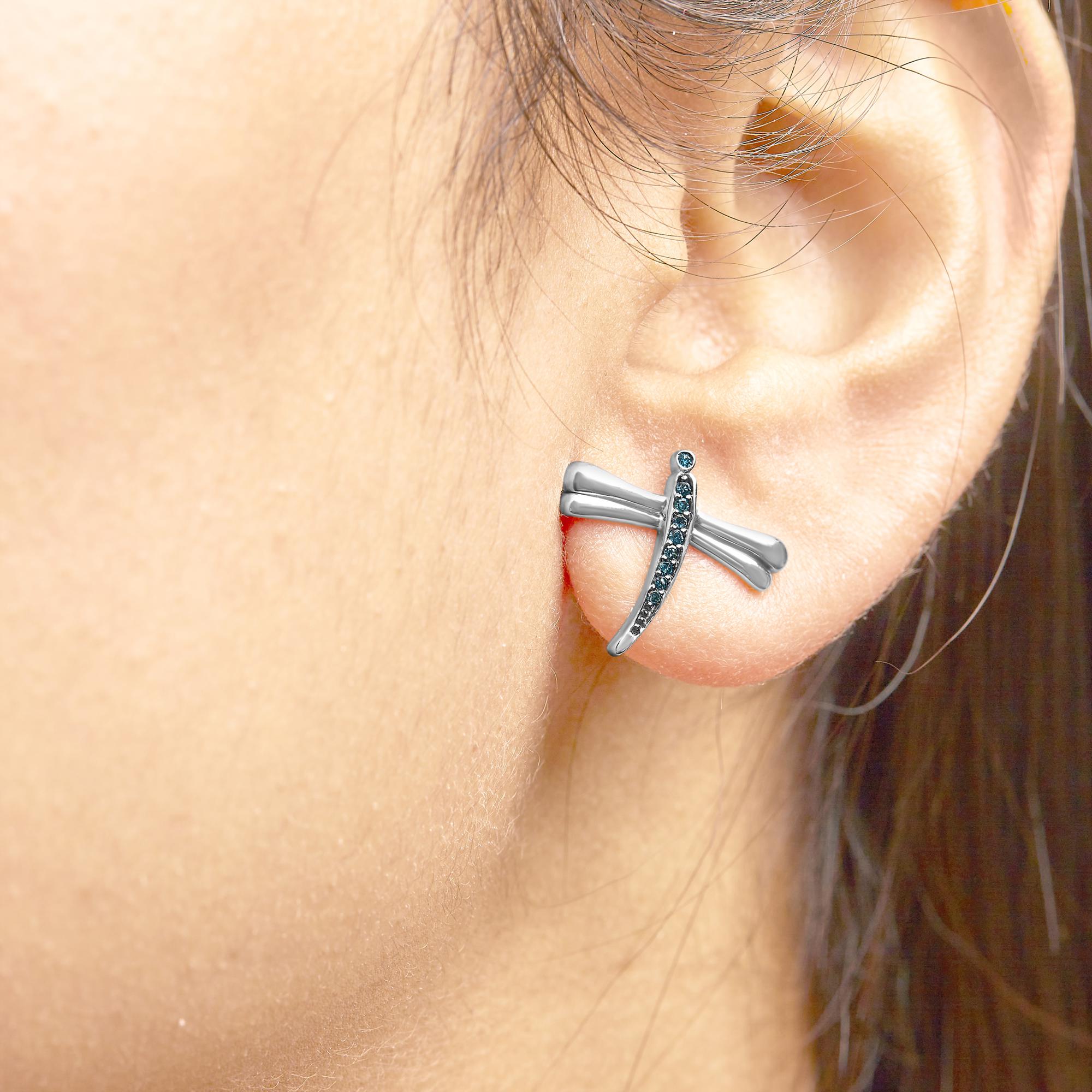 .925 Sterling Silver Blue Diamond Accent Dragonfly Stud Earrings (Blue Color, I2-I3 Clarity)
