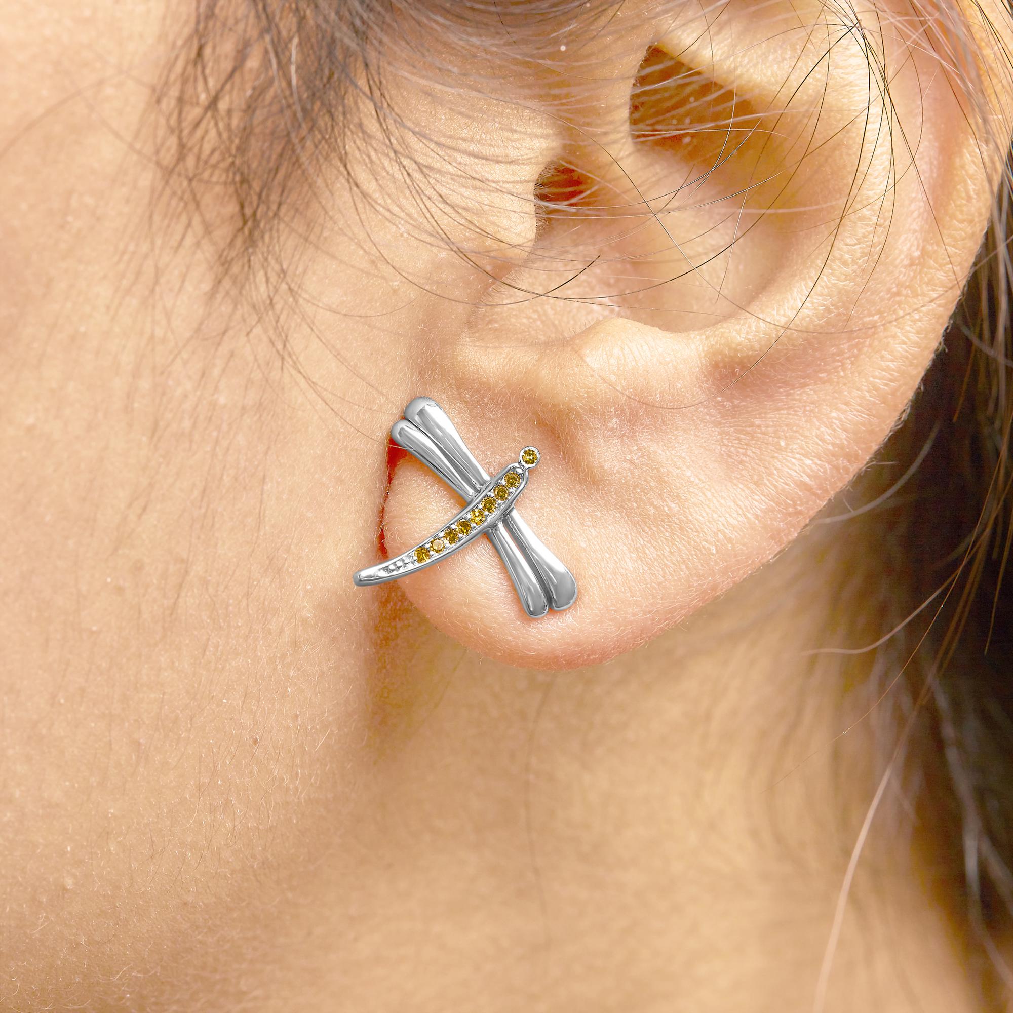 .925 Sterling Silver Yellow Diamond Accent Dragonfly Stud Earrings (Yellow Color, I2-I3 Clarity)