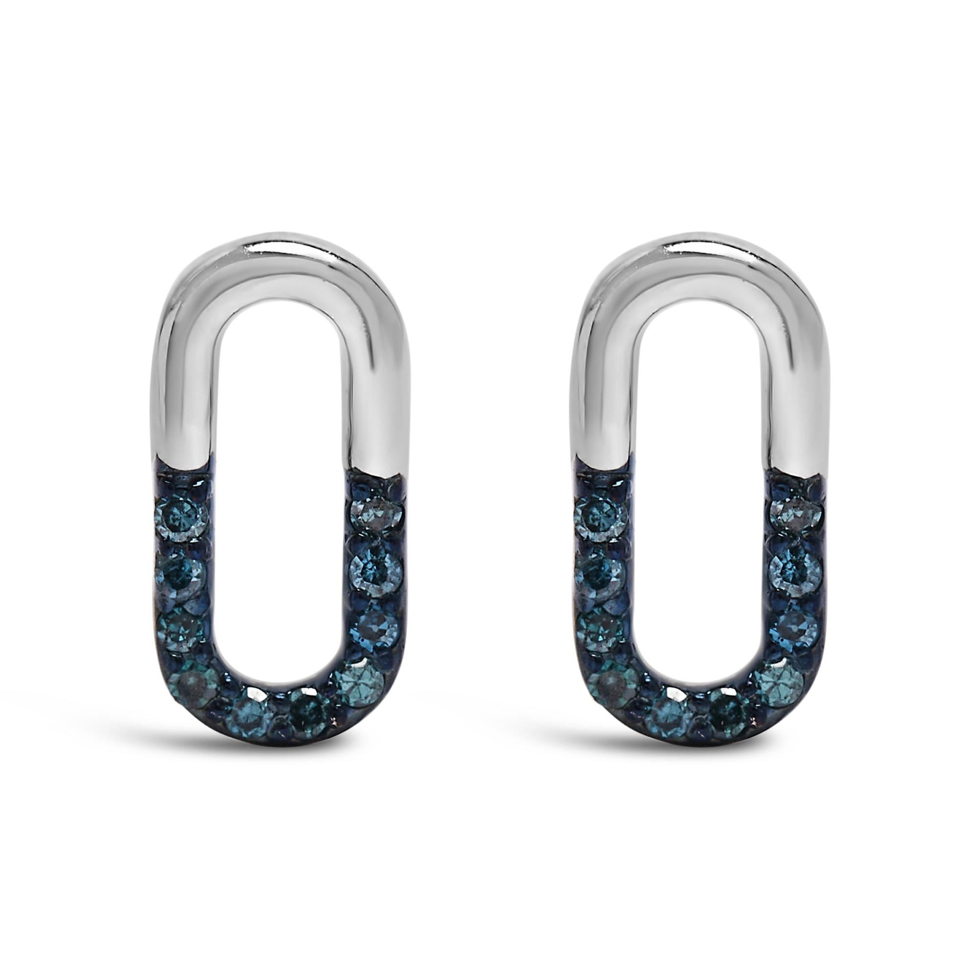 925 Sterling Silver 1/10 Blue Diamond Diamond Paperclip Stud Earrings (Blue, SI1-SI2 Clarity)