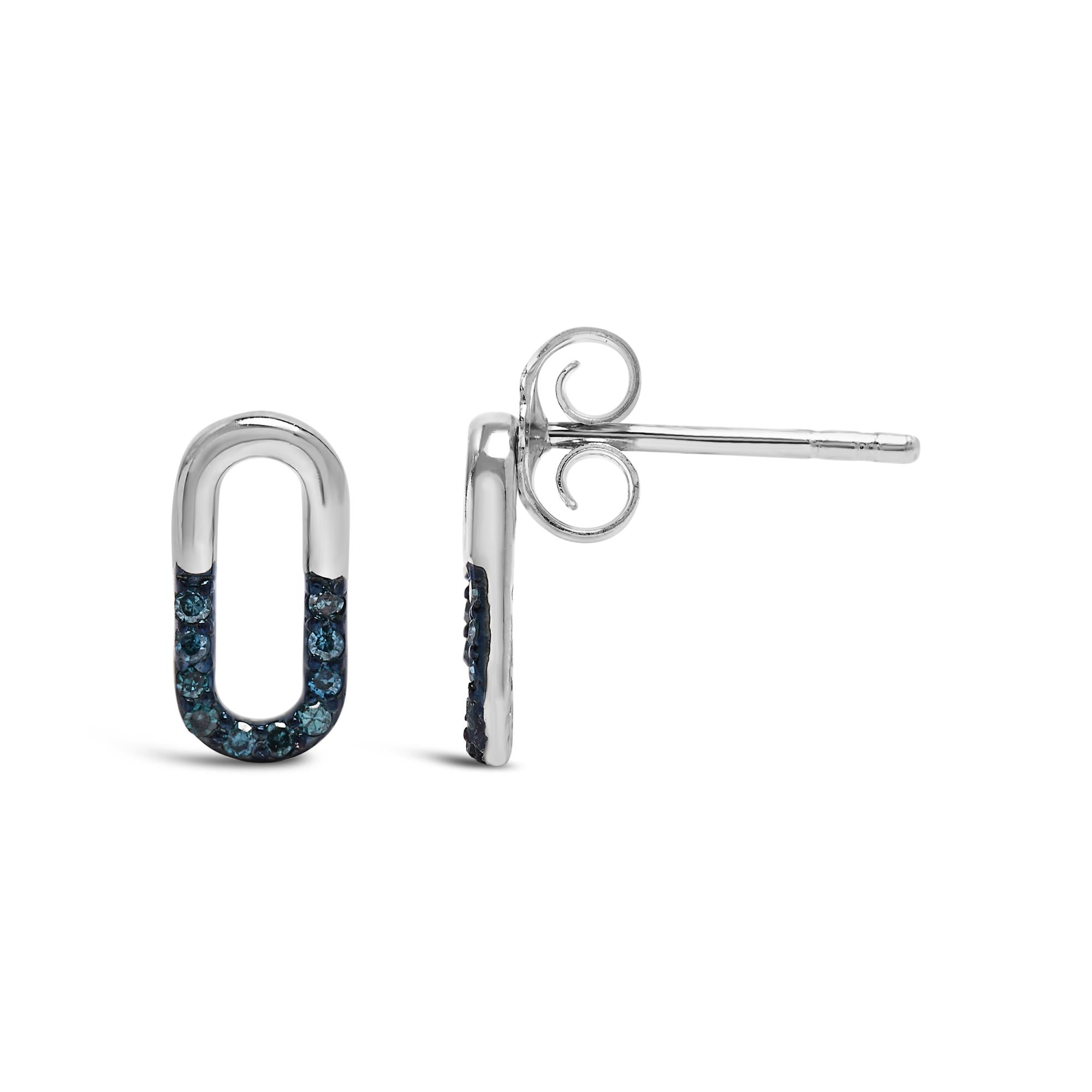 925 Sterling Silver 1/10 Blue Diamond Diamond Paperclip Stud Earrings (Blue, SI1-SI2 Clarity)