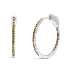 .925 Sterling Silver 1/3 Cttw Inside Out Yellow Treated Diamond 1MM Wide Hoop Earrings (Yellow Color, I2-I3 Clarity)