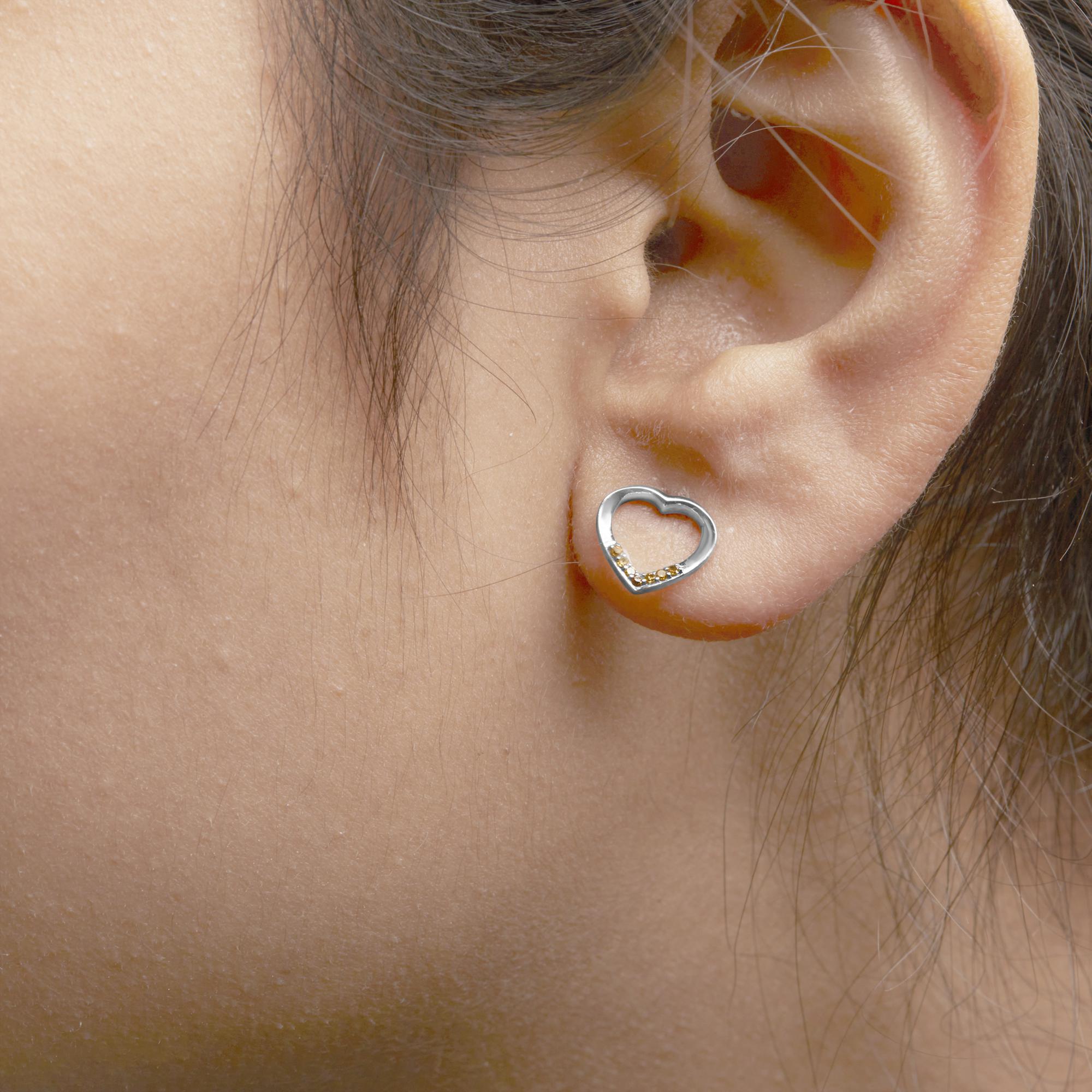 .925 Sterling Silver Yellow Diamond Accent Open Heart Stud Earrings (Yellow Color, SI1-SI2 Clarity)