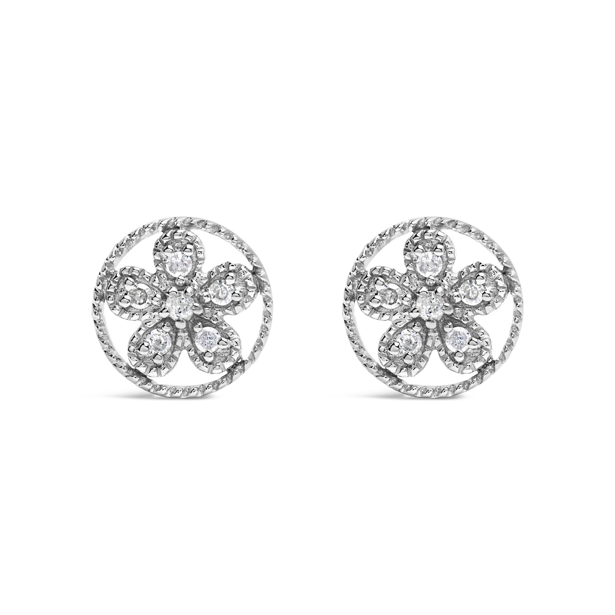 .925 Sterling Silver Diamond Accent Star and Wheel Milgrain Style Stud Earrings (I-J Color, I2-I3 Clarity)