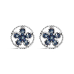 .925 Sterling Silver Blue Diamond Accent Star and Wheel Milgrain Style Stud Earrings (Blue Color, I2-I3 Clarity)