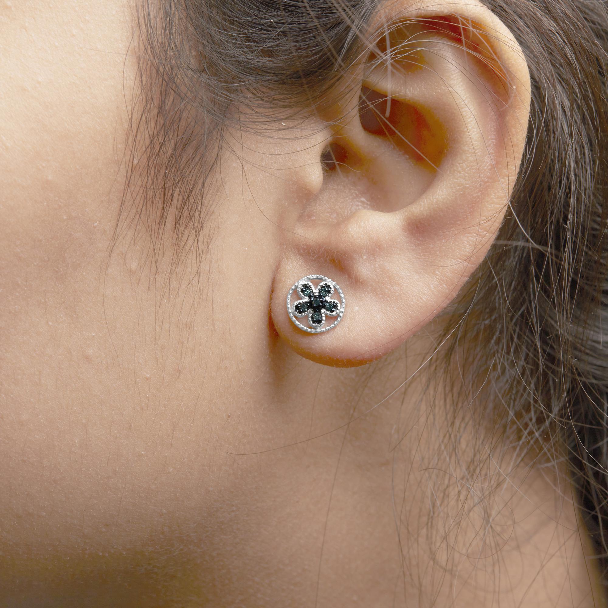 .925 Sterling Silver Blue Diamond Accent Star and Wheel Milgrain Style Stud Earrings (Blue Color, I2-I3 Clarity)