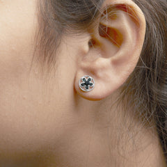 .925 Sterling Silver Blue Diamond Accent Star and Wheel Milgrain Style Stud Earrings (Blue Color, I2-I3 Clarity)