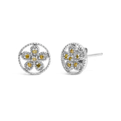 .925 Sterling Silver Yellow Diamond Accent Star and Wheel Milgrain Style Stud Earrings (Yellow Color, I2-I3 Clarity)