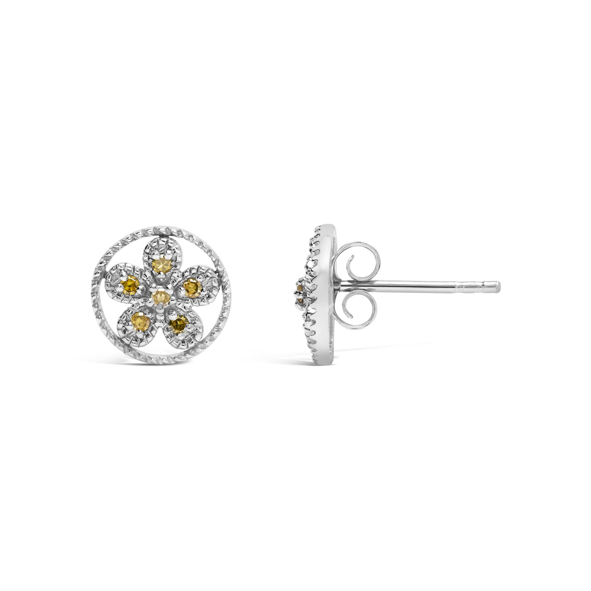 .925 Sterling Silver Yellow Diamond Accent Star and Wheel Milgrain Style Stud Earrings (Yellow Color, I2-I3 Clarity)