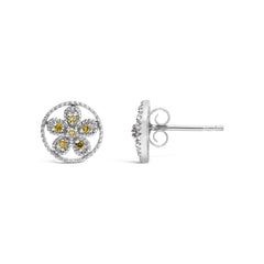 .925 Sterling Silver Yellow Diamond Accent Star and Wheel Milgrain Style Stud Earrings (Yellow Color, I2-I3 Clarity)