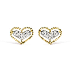 10K Yellow Gold 1/10 Cttw Diamond Heart and Beaded Halo Stud Earrings (I-J Color, I1-I2 Clarity)