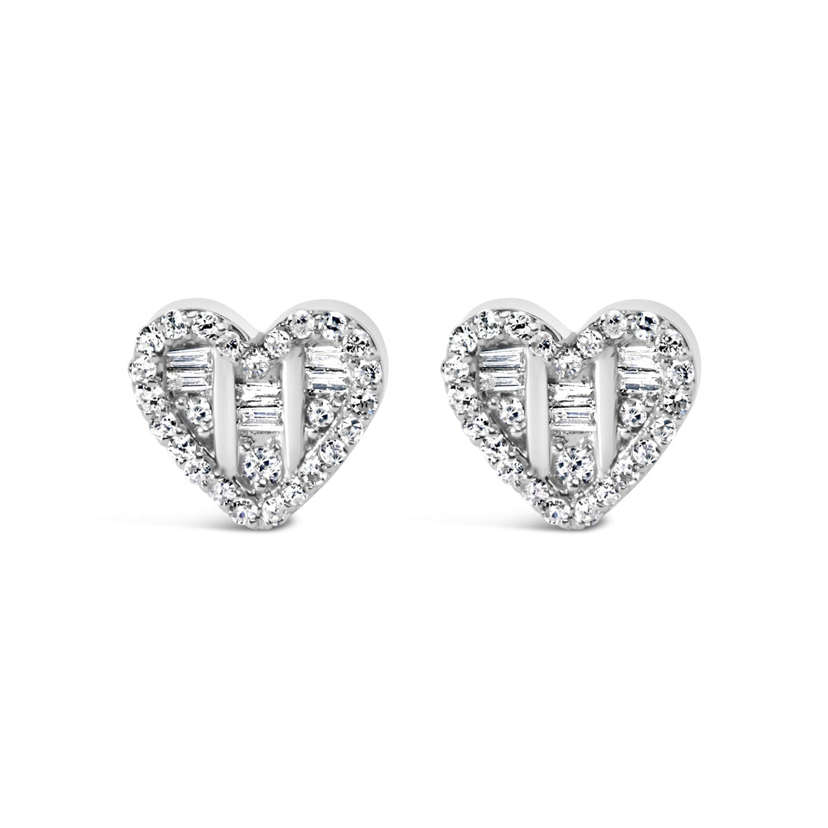 .925 Sterling Silver 1/2 Cttw Round and Baguette Diamond Composite Heart Shaped Stud Earring (I-J Color, SI2-I1 Clarity)