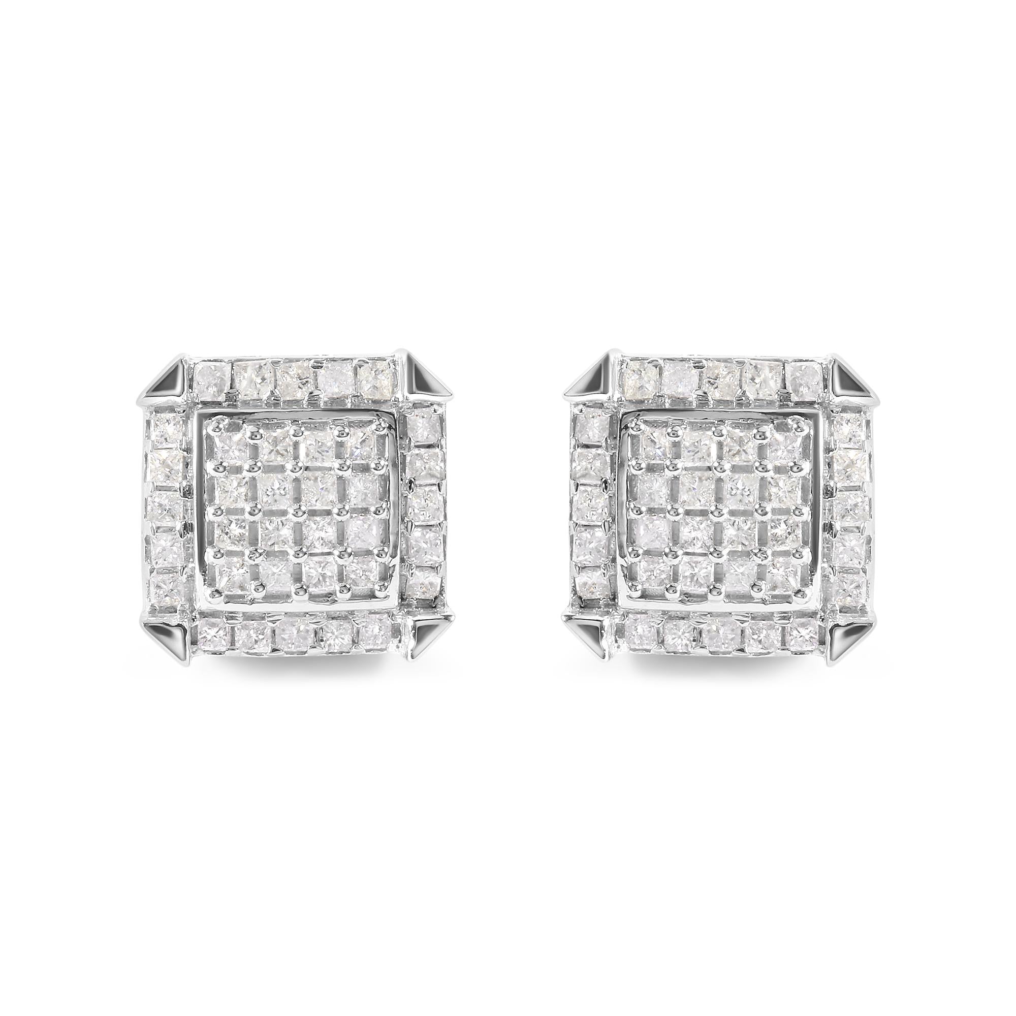 10K White Gold 1 1/10 Cttw Princess Diamond Composite and Halo Stud Earrings (I-J Color, I1-I2 Clarity)