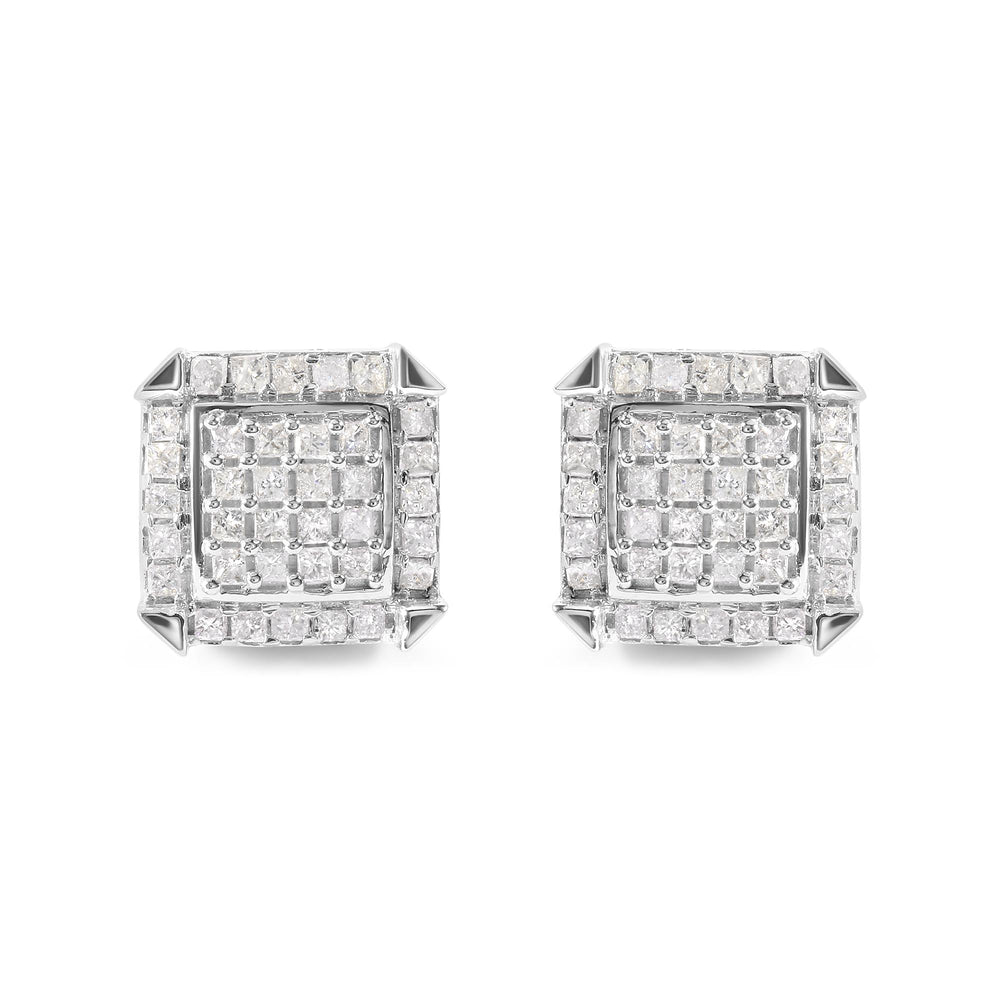 10K White Gold 1 1/10 Cttw Princess Diamond Composite and Halo Stud Earrings (I-J Color, I1-I2 Clarity)