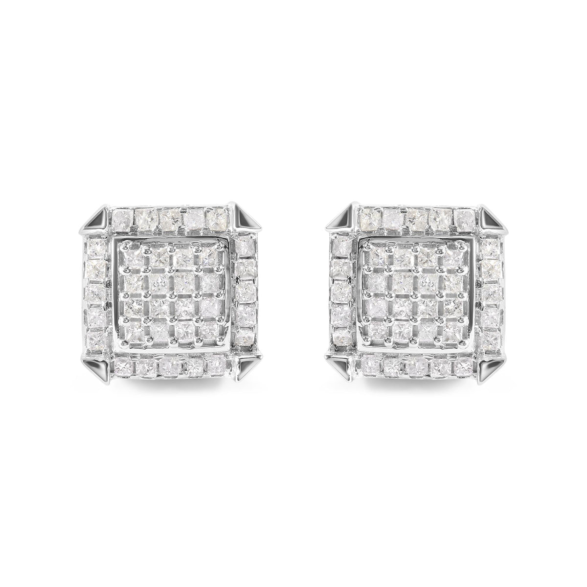 10K White Gold 1 1/10 Cttw Princess Diamond Composite and Halo Stud Earrings (I-J Color, I1-I2 Clarity)