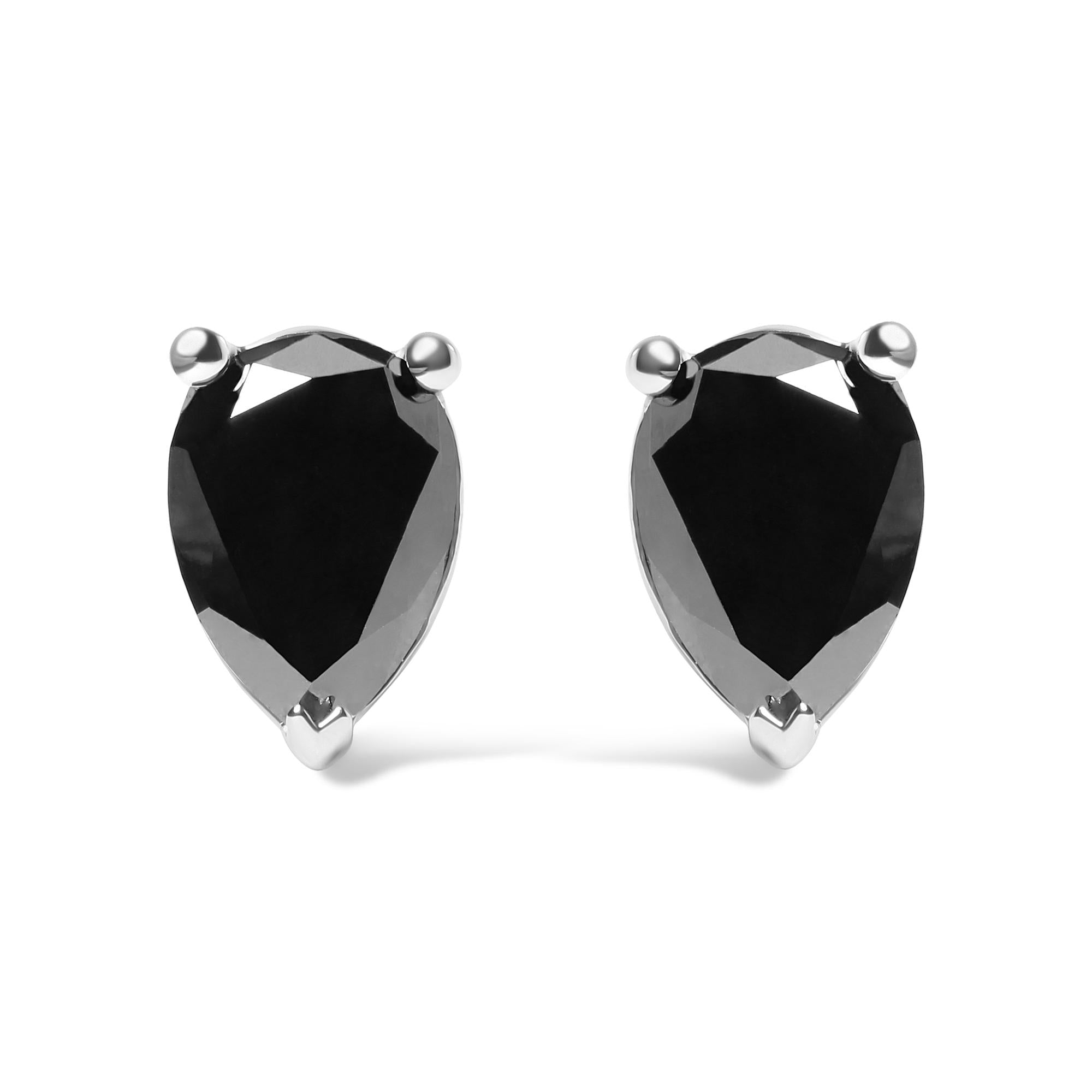 14K White Gold 3.00 Cttw Black Pear Shaped Diamond Solitaire Stud Earrings