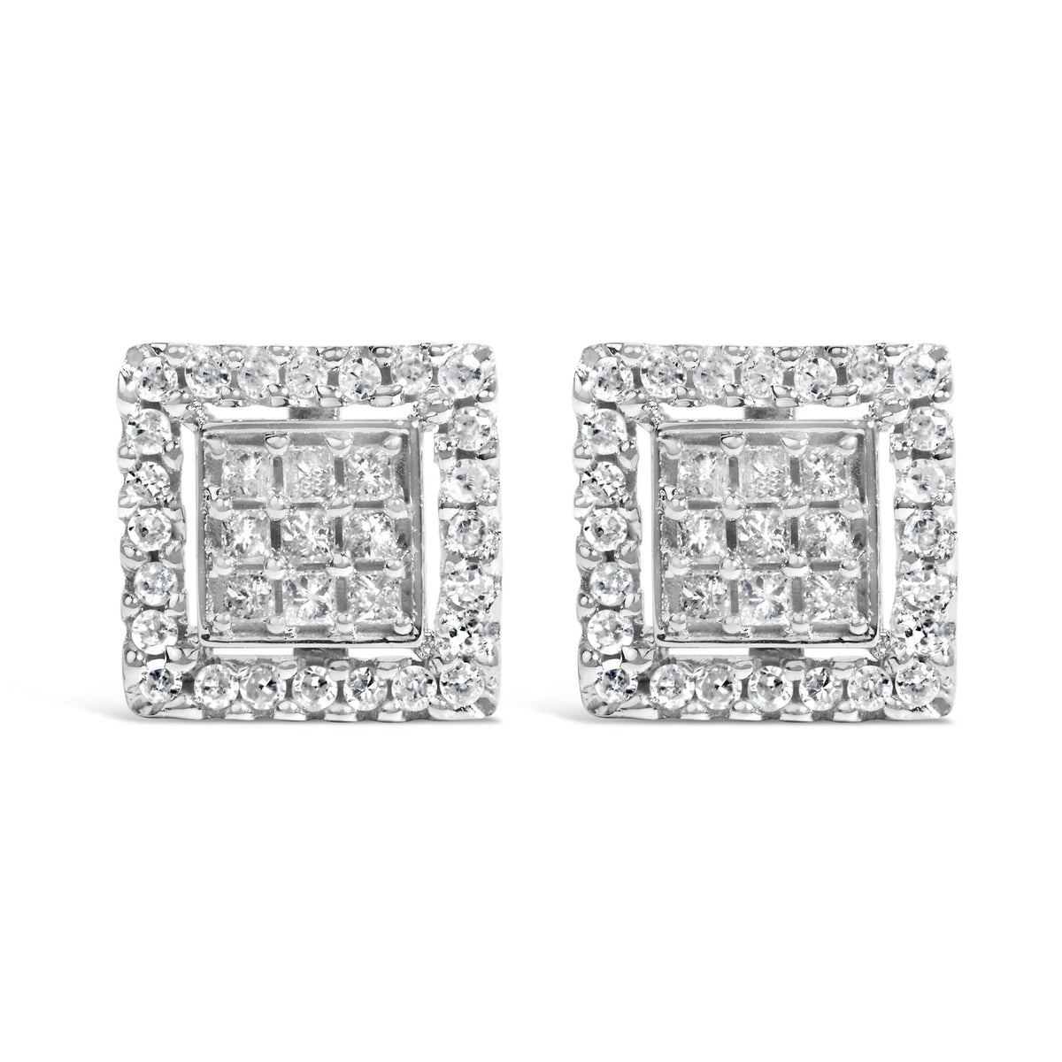 10K White Gold 3/4 Cttw Princess Diamond Composite and Halo Stud Earring (H-I Color, SI2-I1 Clarity)