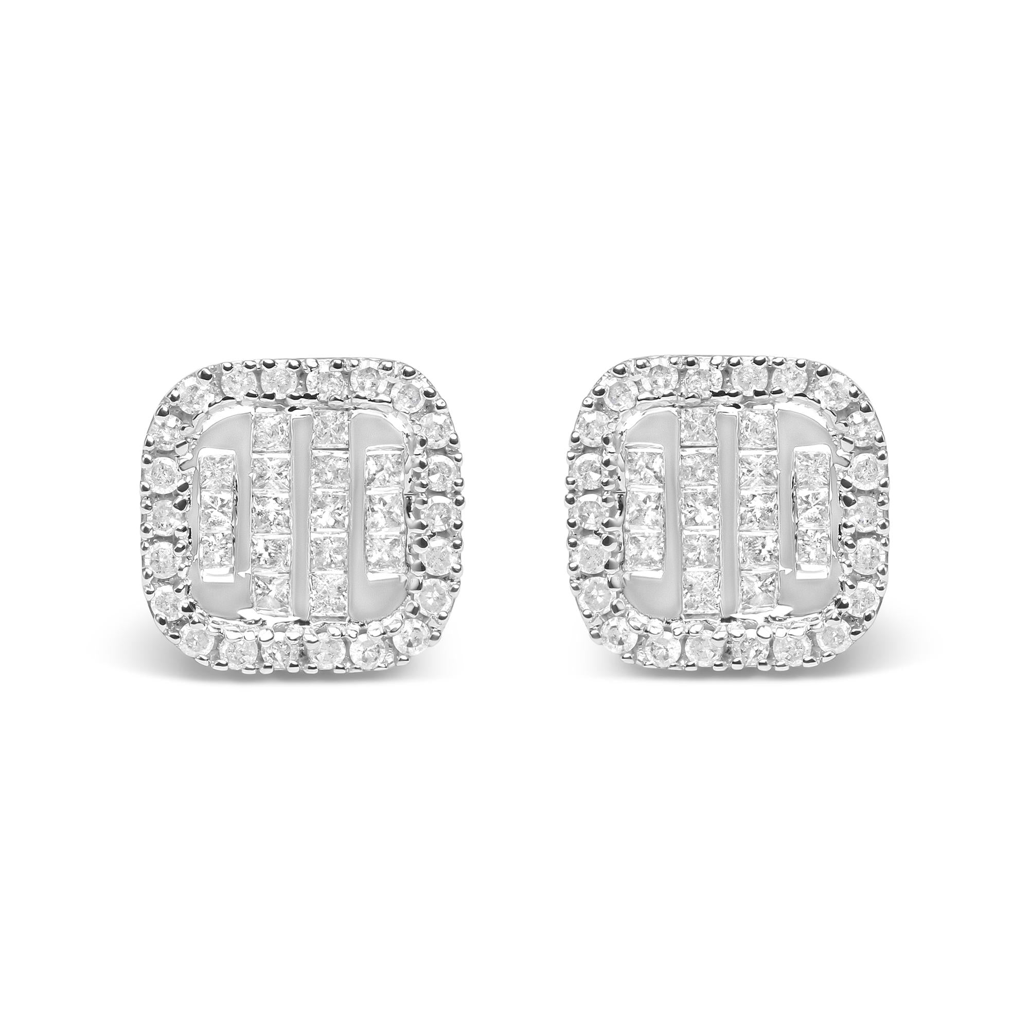 10K White Gold 7/8 Cttw Diamond Princess Composite and Halo Stud Earrings (I-J Color, I1-I2 Clarity)