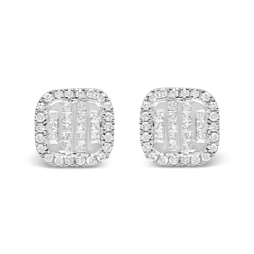 10K White Gold 7/8 Cttw Diamond Princess Composite and Halo Stud Earrings (I-J Color, I1-I2 Clarity)